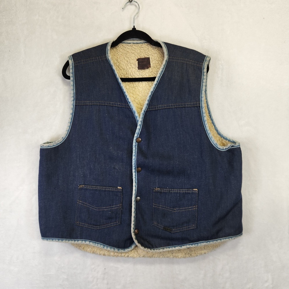 Vintage Roebucks Sherpa Lined Denim Vest Mens Indigo Blue Workwear‎ Snap Front